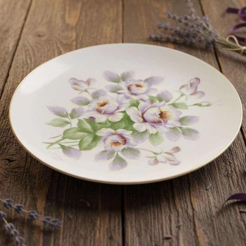 Enesco Purple Lavender Roses Dinner Plate, Vintage Gold Trimmed China Dinnerware